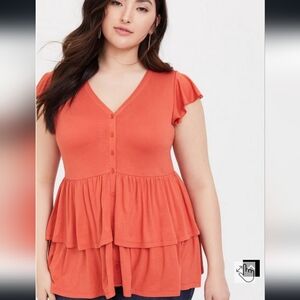 Torrid Super Soft Button Front Tiered Babydoll Top size 3 orange short sleeve